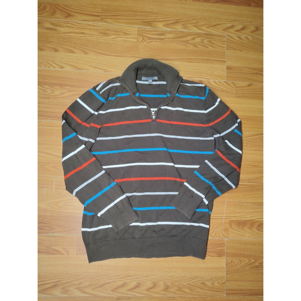 Old Navy Mens 1/4 Zip Pullover Sweater Large Brown Striped Cotton Y2K Preppy